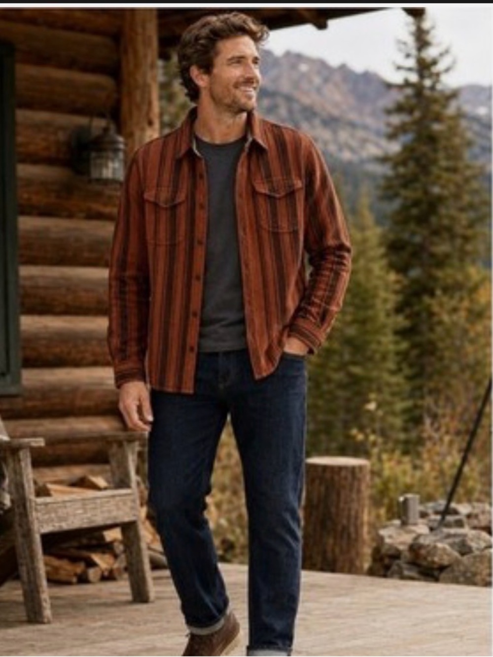 Outerknown L Rust Brown Black Stripe Button Front Shirt Jacket Overshirt